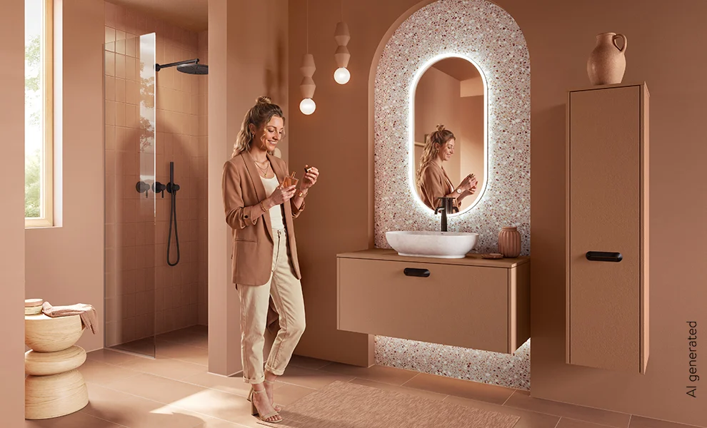 Frau in einem Design-Badezimmer in Terrakotta mit Waschtisch, Dusche, beleuchtetem Spiegel vor Mosaik-Wand und Hochschrank mit schwarzen Aufschraubgriffen