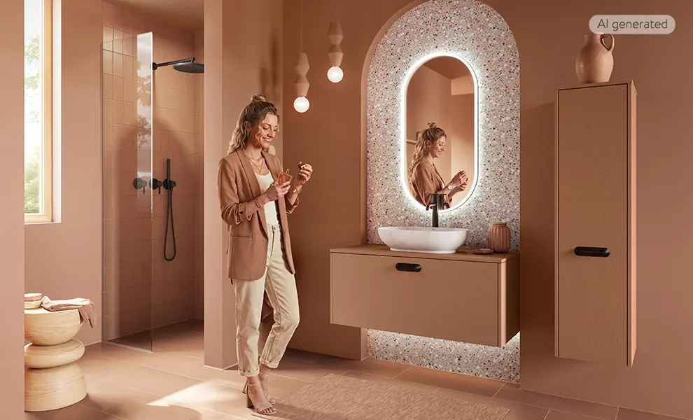 Frau in einem Design-Badezimmer in Terrakotta mit Waschtisch, Dusche, beleuchtetem Spiegel vor Mosaik-Wand und Hochschrank mit schwarzen Aufschraubgriffen