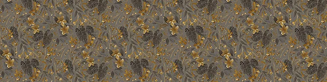 Dekorativer horizontaler Banner mit nahtlosem Blumenmuster in Brauntönen und Gold, ideal für Website-Hintergrund oder elegante Designelemente.