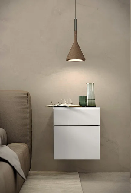 Moderne wandhängende Nachtkonsole mit stilvollem Design und praktischem Stauraum neben dem Bett
