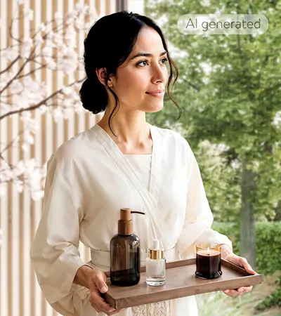 Inspirowana Japonią łazienka z naturalną elegancją, wyraźnymi liniami i harmonijną atmosferą dobrego samopoczucia.