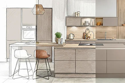 Ein Bild einer macchiato Küche (LASER 412), welches aus einer schwarz-weiß Zeichnung in das echte Bild der Küche übergeht. 