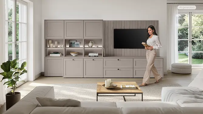 Wohnzimmermöbel in Macchiato im Landhausstil mit Wohnwand, offenen Regalfächern und integriertem Fernseher