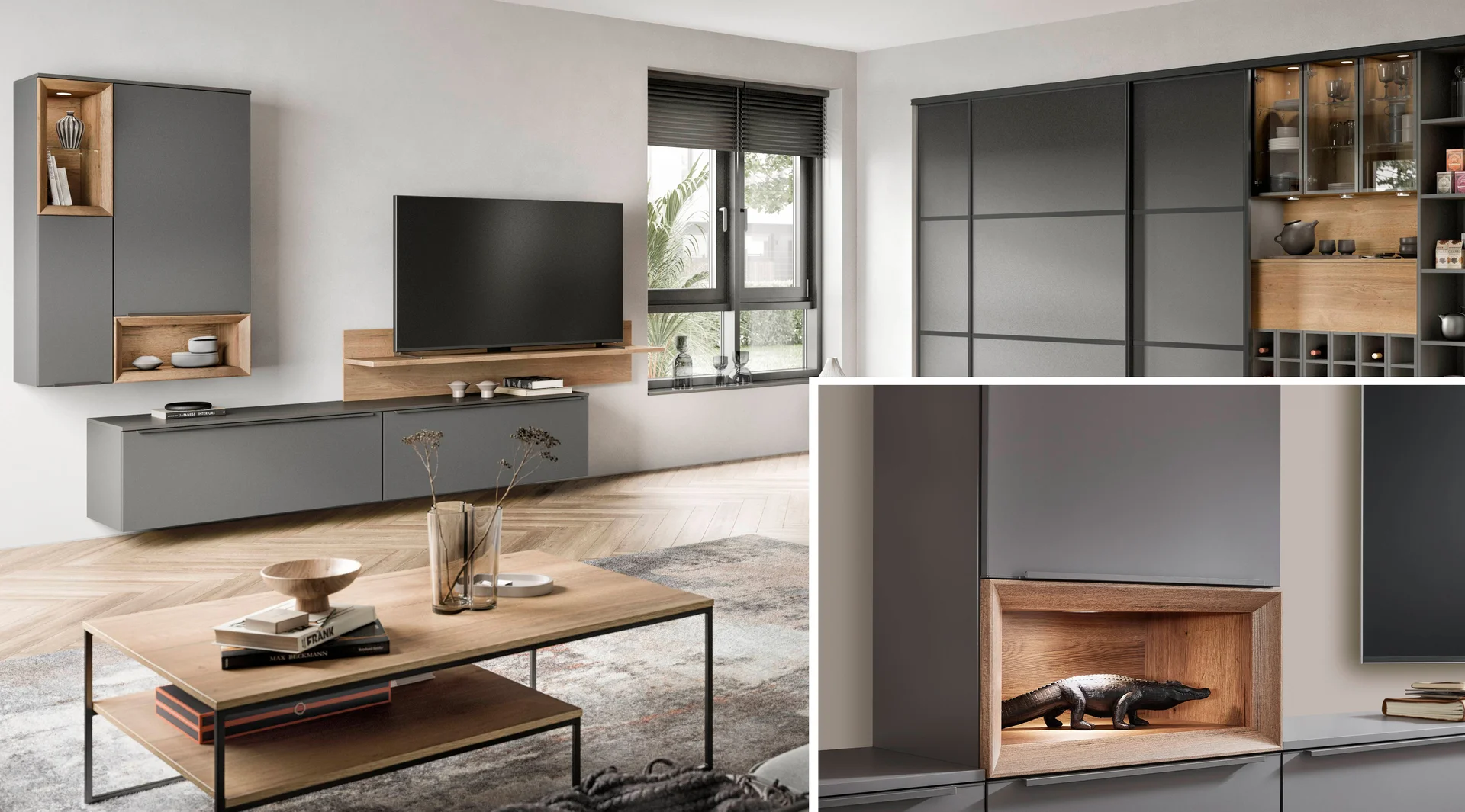 Wohnzimmerbeleuchtung im Regal mit Holzoptik und Gleittürenschrank im modernen Wohnbereich.