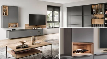 Wohnzimmerbeleuchtung im Regal mit Holzoptik und Gleittürenschrank im modernen Wohnbereich.