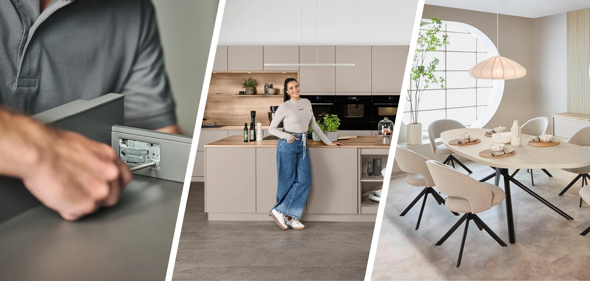 Montage einer Schublade, Sallys Welt lehnt an einer beigen modernen Küche, beige Sitzgruppe mit Tisch aus der Designlinie Sakura