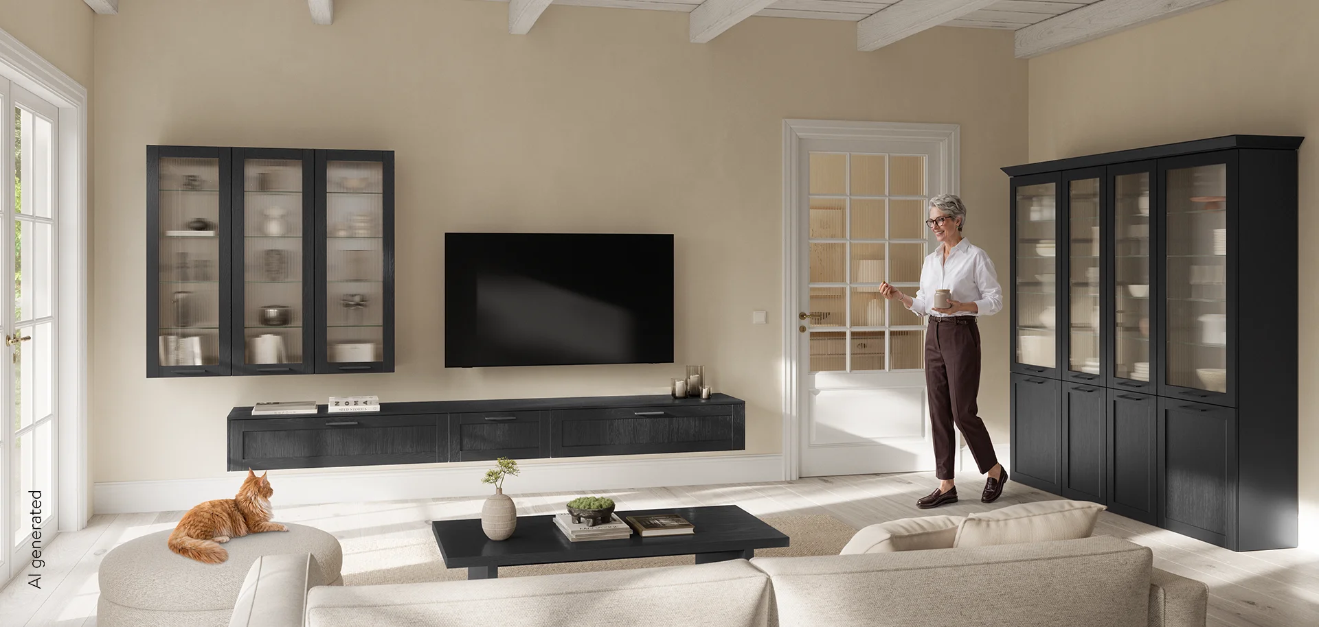 Schwarze Vitrinen im Landhausstil mit Glastüren und Geschirr in einem hellen Wohnbereich