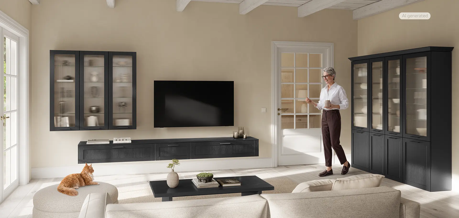 Schwarze Vitrinen im Landhausstil mit Glastüren und Geschirr in einem hellen Wohnbereich