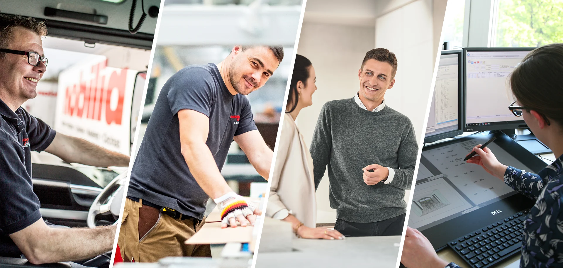 Ein Tischler und ein Holzmechaniker arbeiten mit Holzmaterialien, während ein Mechatroniker Maschinen optimiert und ein Fachlagerist für den reibungslosen Materialfluss sorgt.