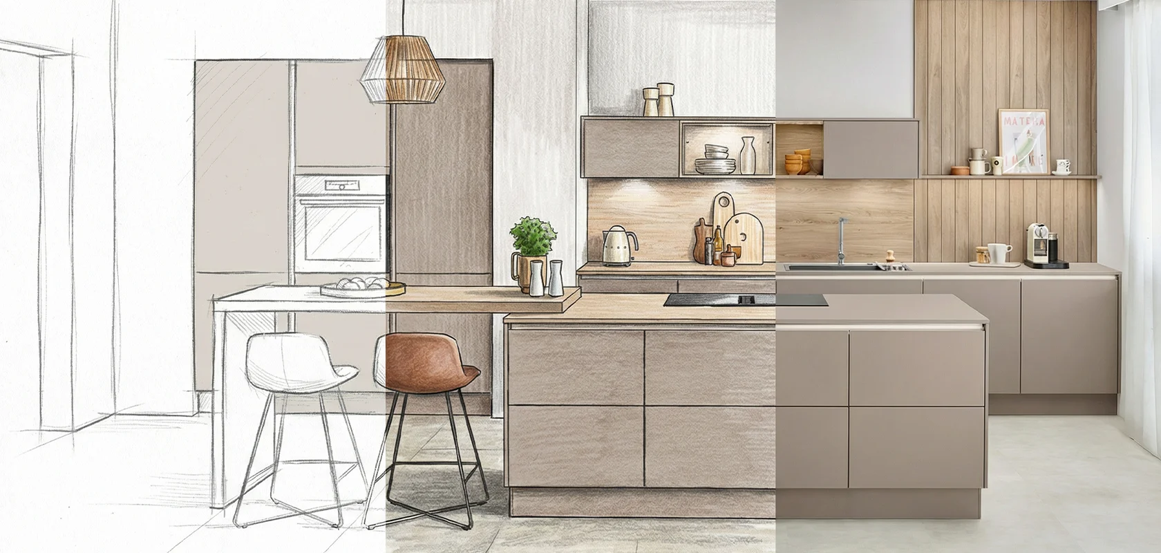 Ein Bild einer macchiato Küche (LASER 412), welches aus einer schwarz-weiß Zeichnung in das echte Bild der Küche übergeht. 