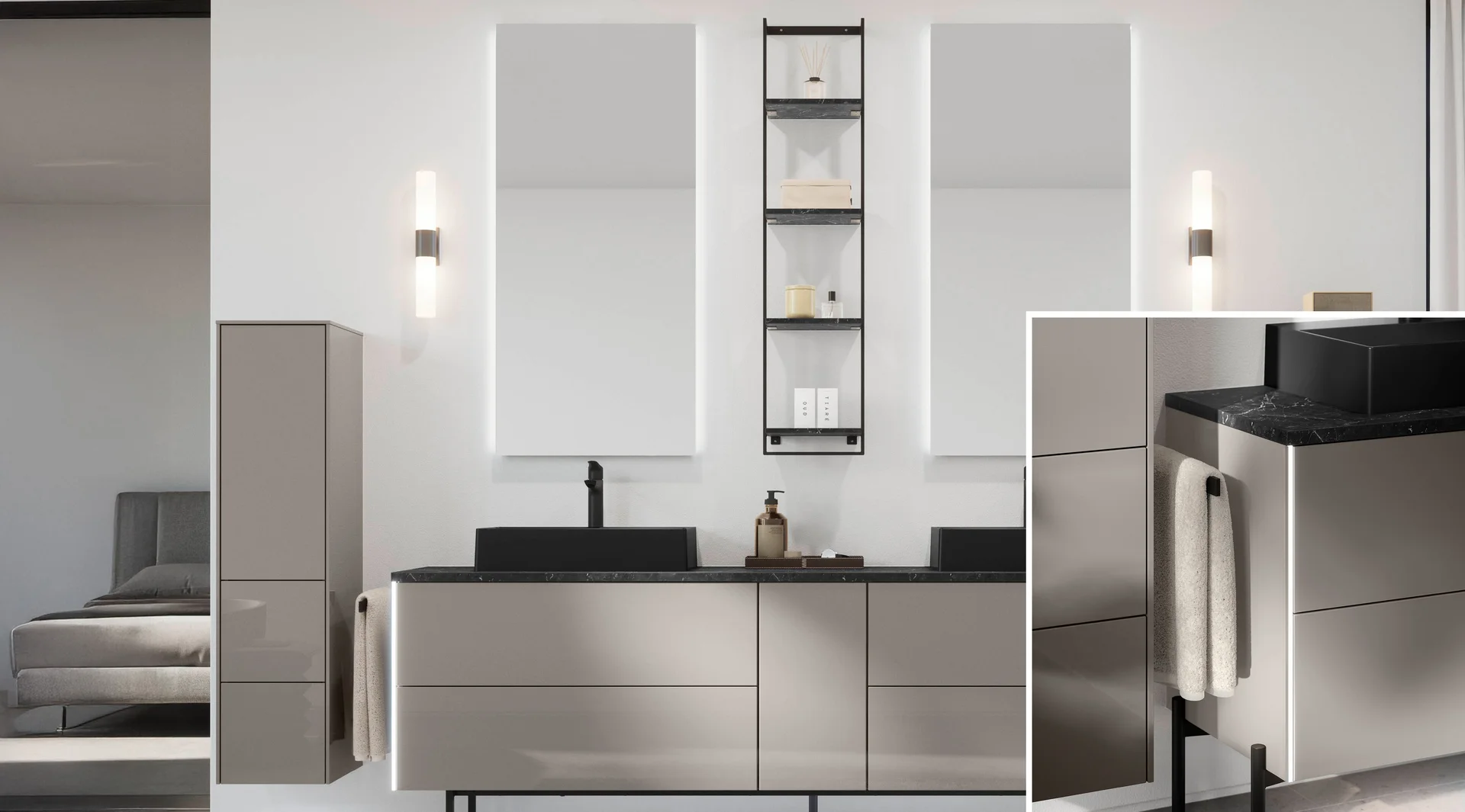 Modernes Bad mit senkrechter Beleuchtung an Spiegelflächen und Waschtischunterschrank mit Lichtakzent.