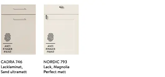 Zwei neue Dekore der nobilia Kollektion 2027 aus den Frontenprogrammen CADRA in Sand und NORDIC in Magnolia mit genauer Bezeichnung