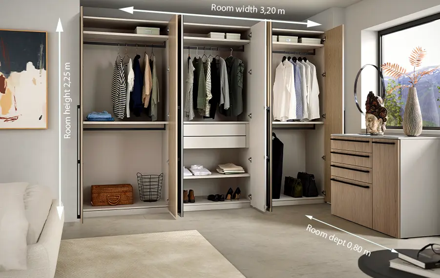 Schlafzimmer mit Kleiderschrank und Maßen für die Kleiderschrankplanung.