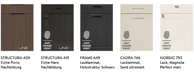 Fünf neue Dekore der nobilia Kollektion 2027 aus den Frontenprogrammen STRUCTURA, FRAME, CADRA und NORDIC in verschiedenen Farben mit genauer Bezeichnung
