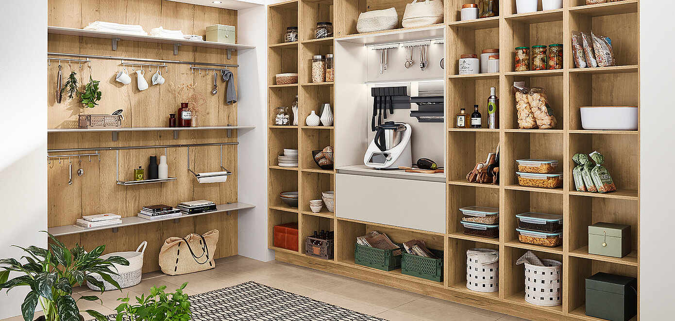 Modern kitchen pantry with wooden shelves stocked with food, appliances, cookbooks, and neatly organized kitchenware, showcasing a tidy and stylish storage solution.