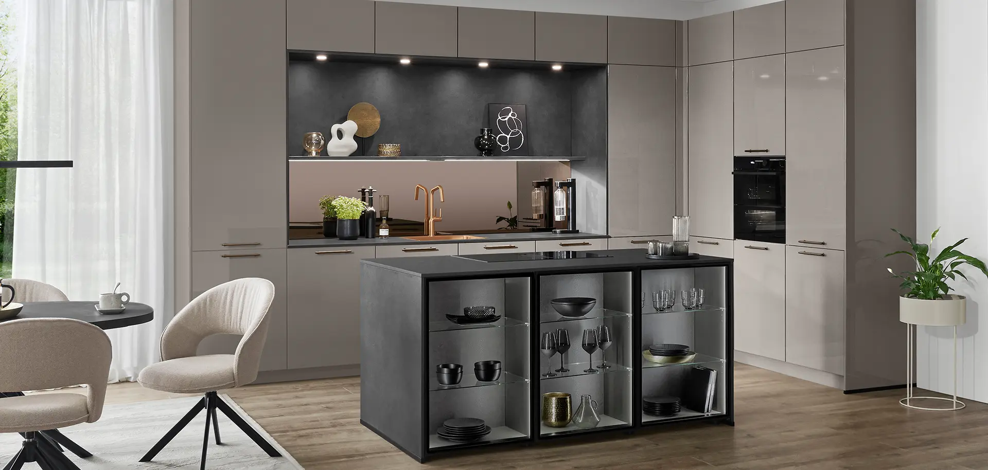 Elegante cucina in grigio tortora lucido con moderno mobile ad aria e spaziosa isola - modello NOVALUX 513.