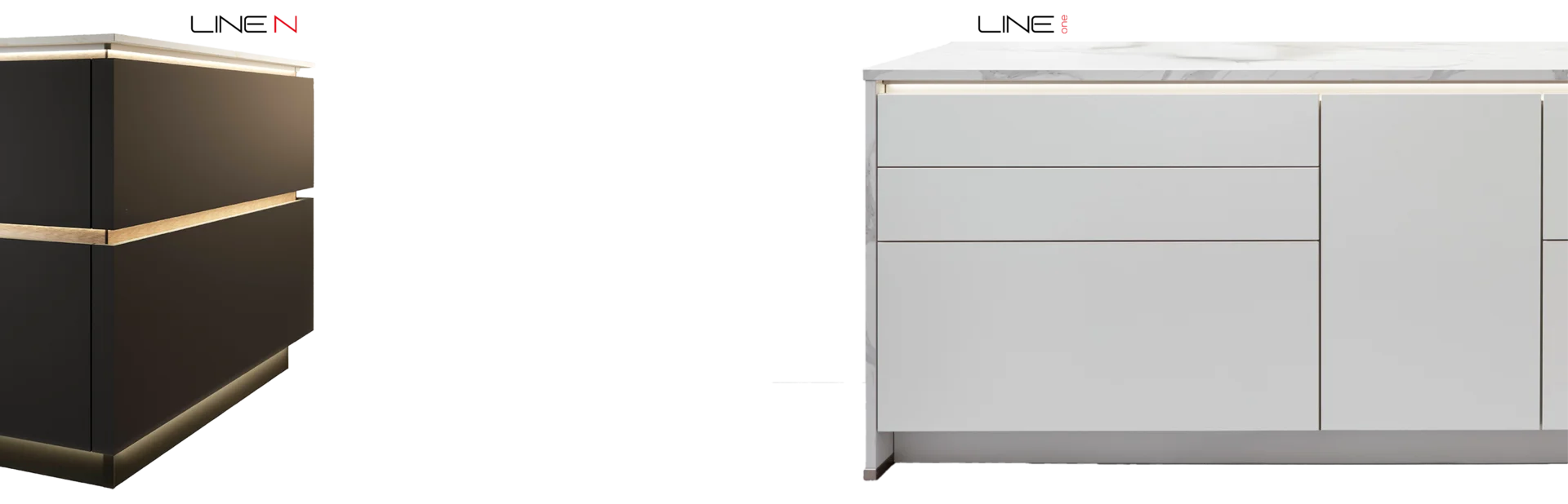Grifflose Küche mit beleuchteten Griffmulden und zwei Lichtlinien an dunkler sowie heller Küchenfront.