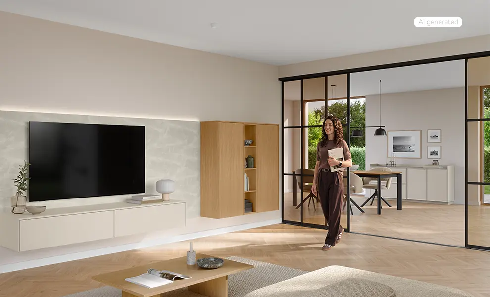 Wohnzimmermöbel in Magnolia mit SENSO 499, Fernseher und Gleittüren; Frau geht ins Wohnzimmer.