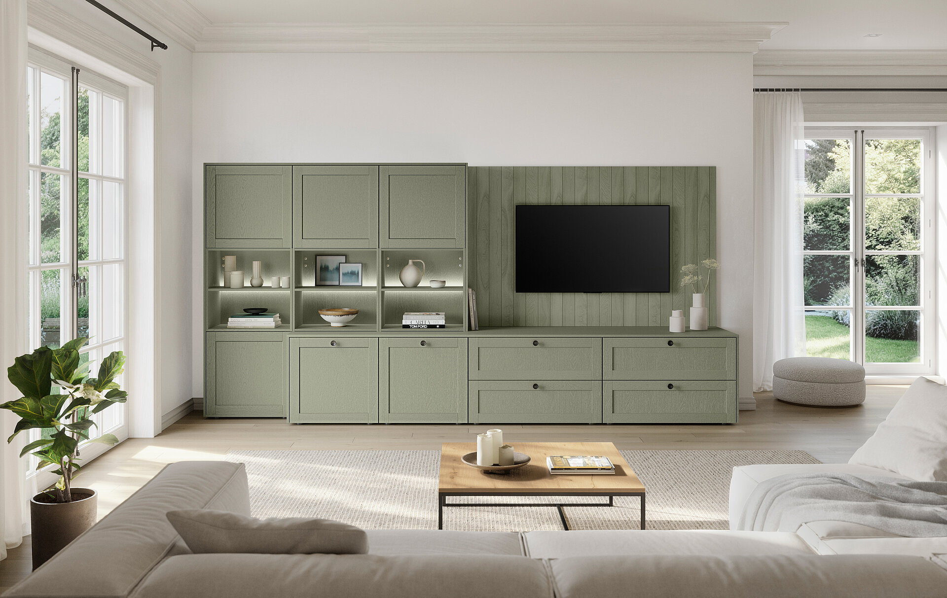 Living room furniture in FRAME 617, lacquered laminate with wood structure in olive - stylish, modern and homely.