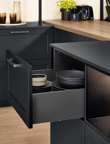 nBOX Cover 199 in anthracite metallic - open drawer with crockery, modern kitchen look in dark finish.