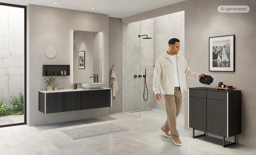 Badplanung in Structura Eiche Nero Nachbildung mit Anti-Fingerprint, Waschtisch, Dusche, verschiedenen Badmöbeln und männlichem AI-Model