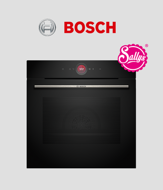 Bosch modern black built-in oven featured against a gray background with the Bosch and Sally's logos, portraying a sleek and sophisticated kitchen appliance design.
