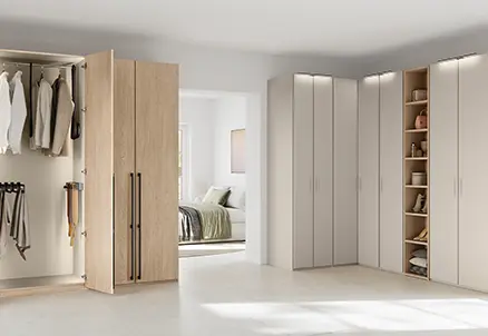 Schlafzimmer mit begehbarem Kleiderschrank und Einbauschränken in Eiche Faro Nachbildung, STRUCTURA 406