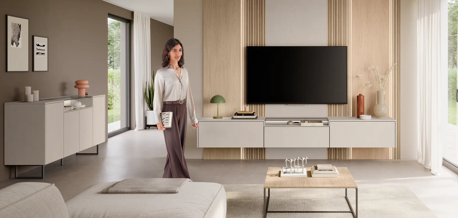 Solution d'habitat moderne avec LOOK 604 en sable structuré - des lignes claires, un aspect naturel et un design stylé pour un habitat harmonieux.