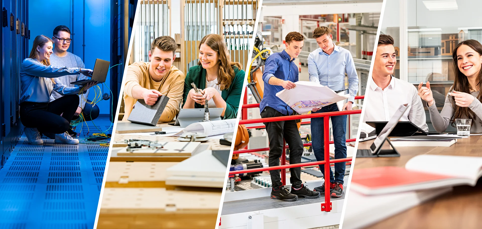 Gruppe junger Auszubildender in verschiedenen Berufsfeldern posiert in einer modernen Arbeitsumgebung mit technischen und kaufmännischen Werkzeugen.