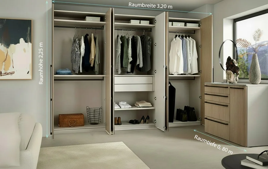 Schlafzimmer mit Kleiderschrank und Maßen für die Kleiderschrankplanung.