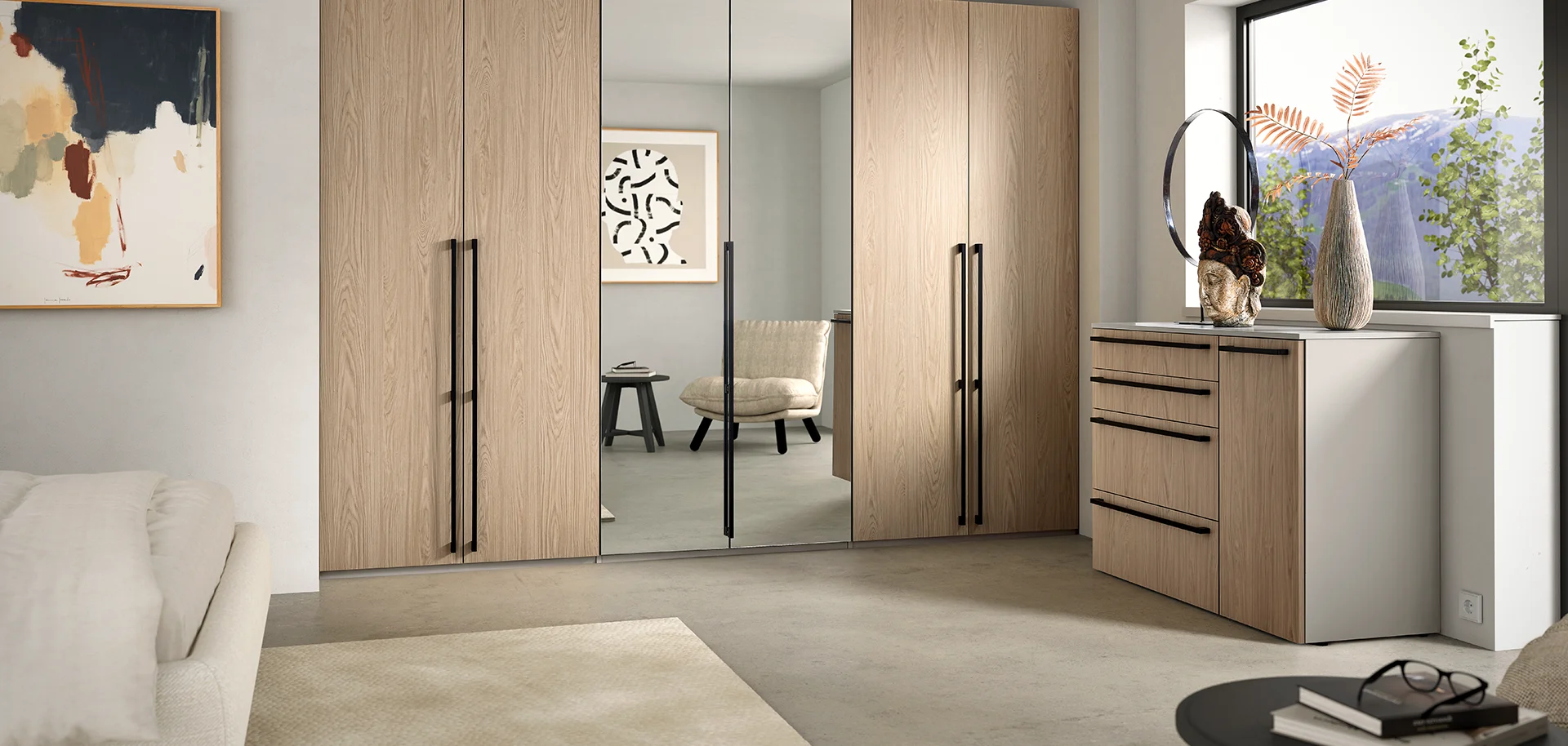 Moderner Kleiderschrank mit passender Kommode als stilvolle Beimöbel für das Schlafzimmer