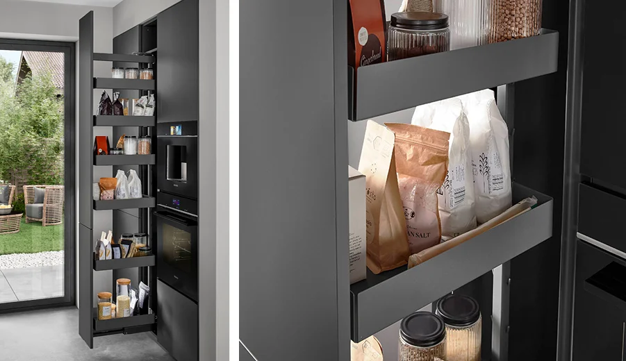 Leiser Apothekerschrank mit Ein- und Auszugsdämpfung für sanftes Gleiten und komfortable Nutzung im Küchenalltag.