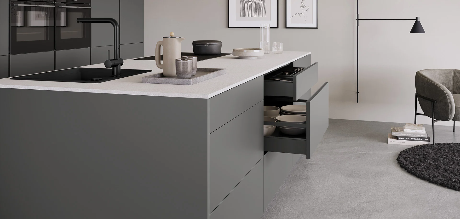 nBOX Schubkastensystem in Schiefergrau mit klaren Linien, viel Stauraum und elegantem Design für moderne Küchen.