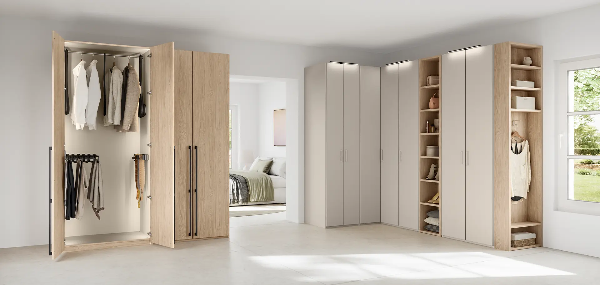 Schlafzimmer DREAM mit Kleiderschränken und offenen Regalen in Eiche Faro Nachbildung