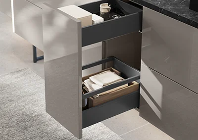 Pharmacy cabinet with elegant nBOX interior organization - modern storage space solution with pull-out front for bathroom furniture.