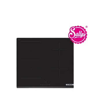 Moderna placa de inducción Bosch con un elegante acabado negro y controles táctiles, adornada con el logo de la marca "Sally's" en un vibrante tono rosa.