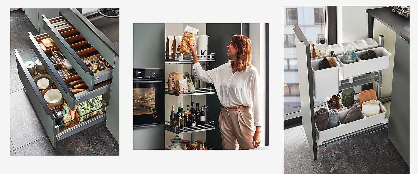 Eine Serie von Bildern, die moderne Lösungen zur Organisation von Küchenschubladen zeigen, mit einer Person, die mit einer gut organisierten Vorratsschublade interagiert.