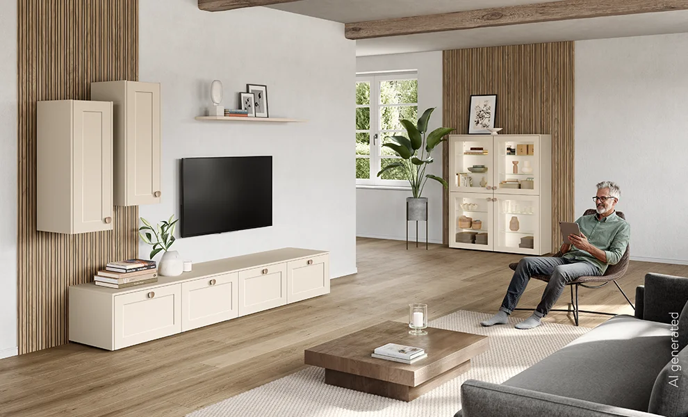 Wohnzimmer mit NORDIC Wohnwand in 793 Lack Magnolia Perfect matt und Anti-Fingerprint-Oberfläche