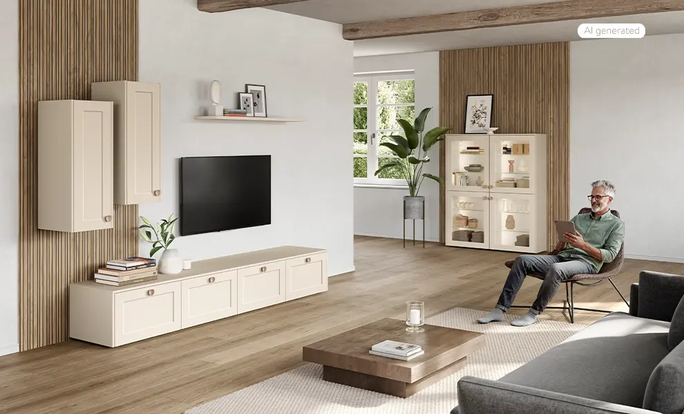 Wohnzimmer mit NORDIC Wohnwand in 793 Lack Magnolia Perfect matt und Anti-Fingerprint-Oberfläche