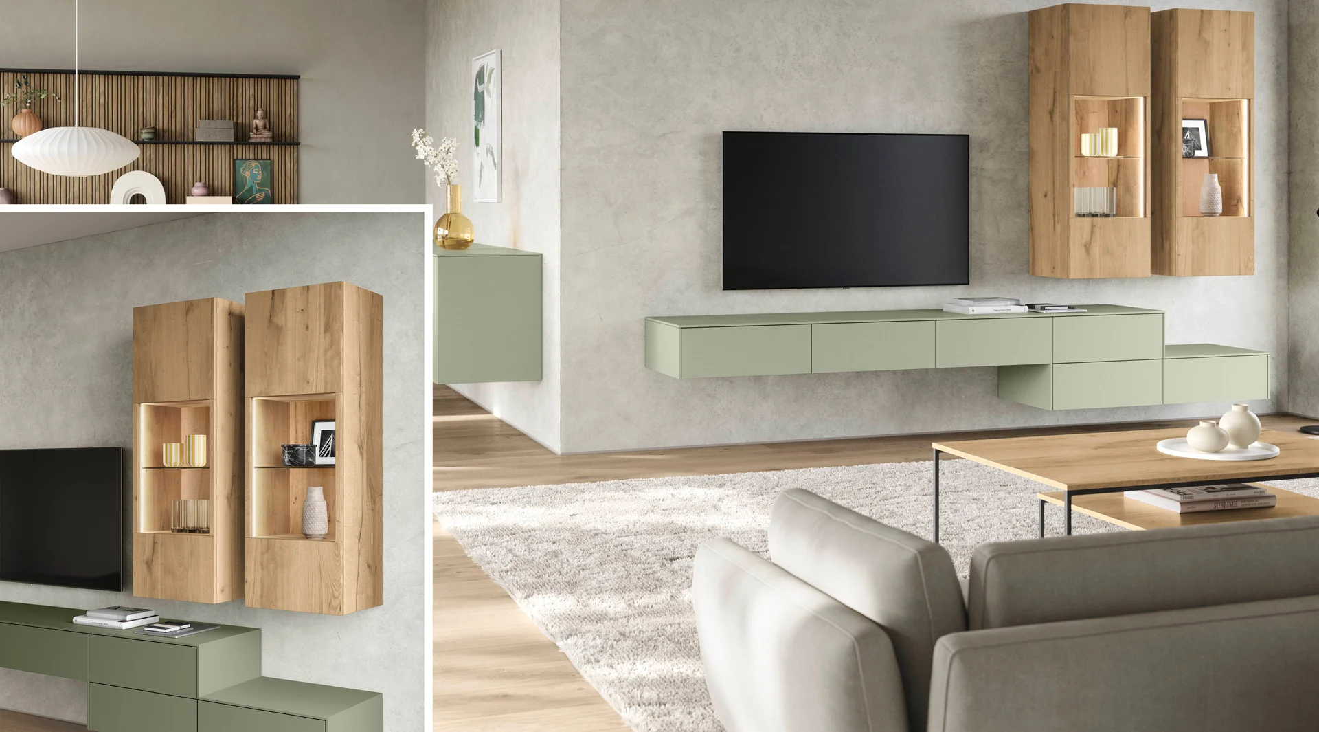 Moderne Wohnzimmer-Vitrine mit Beleuchtung, offenen Fächern und Holzoptik in puristischem Design.