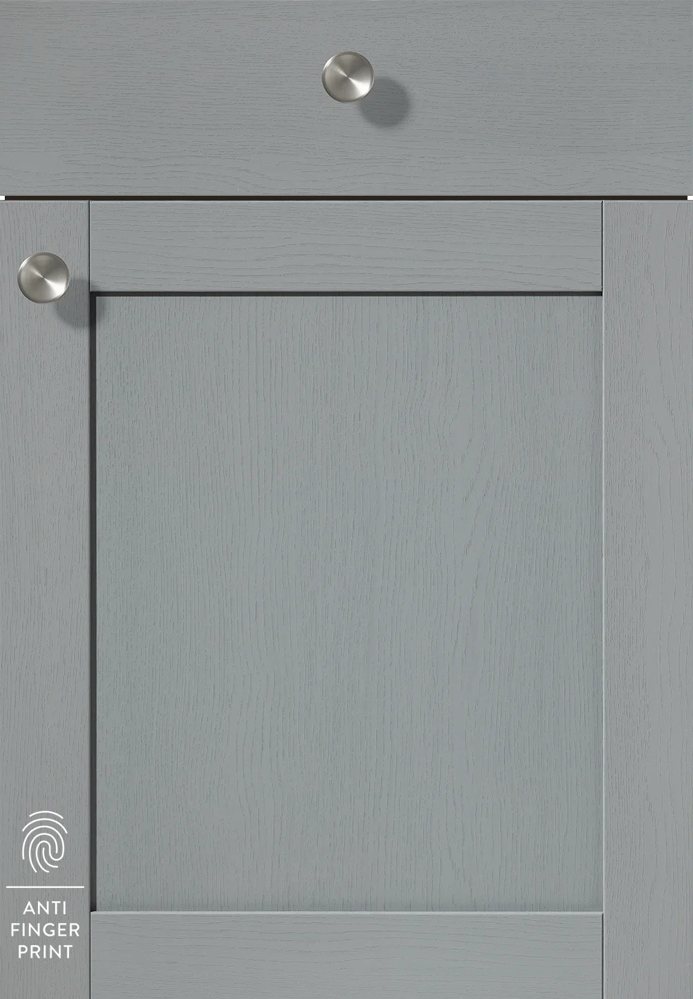 Landhausküche in Steinblau mit matter Holzstruktur und Anti-Fingerprint-Oberfläche - stilvoll und pflegeleicht.