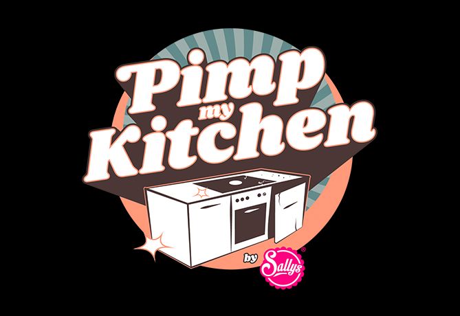 Retro-gestaltete Grafik mit dem Spruch "Pimp my Kitchen", die einen stilisierten Herd und Schrank zeigt und Sallys Küchenutensilien oder Renovierungsdienste bewirbt.