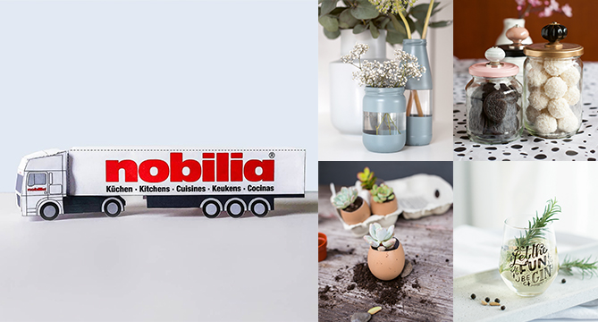 A collage showcasing a nobilia kitchen truck and various decorative home items including flowers in vases, jars with sweets, and creatively potted plants.