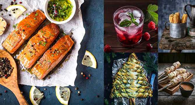 Collage of gourmet food and drinks showcasing grilled salmon, a refreshing berry cocktail, crispy golden fish, and twisted breadsticks with dipping sauce.