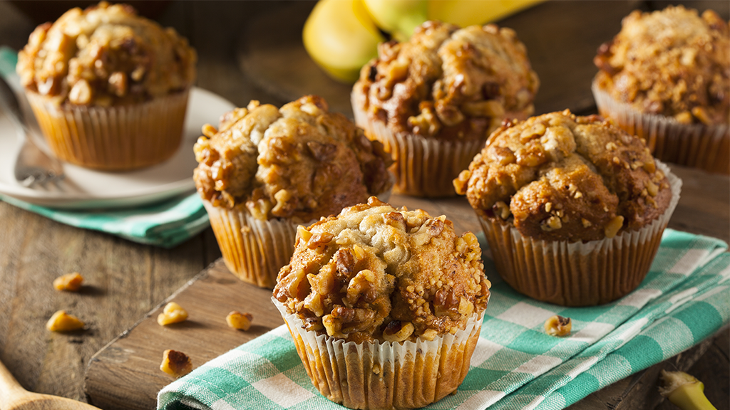 Wholesome banana and nut muffins - Transform the kitchen into your very own personal bakery: get the baking tins and ingredients out of t he cupboard and conjure up some wholesome banana and nut muffins.