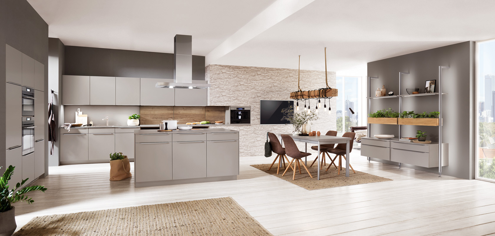 Moderne Kücheninnenräume mit klaren Linien, eleganten Schränken, Edelstahlgeräten und einem gemütlichen Essbereich, der in natürlichem Licht gebadet wird.