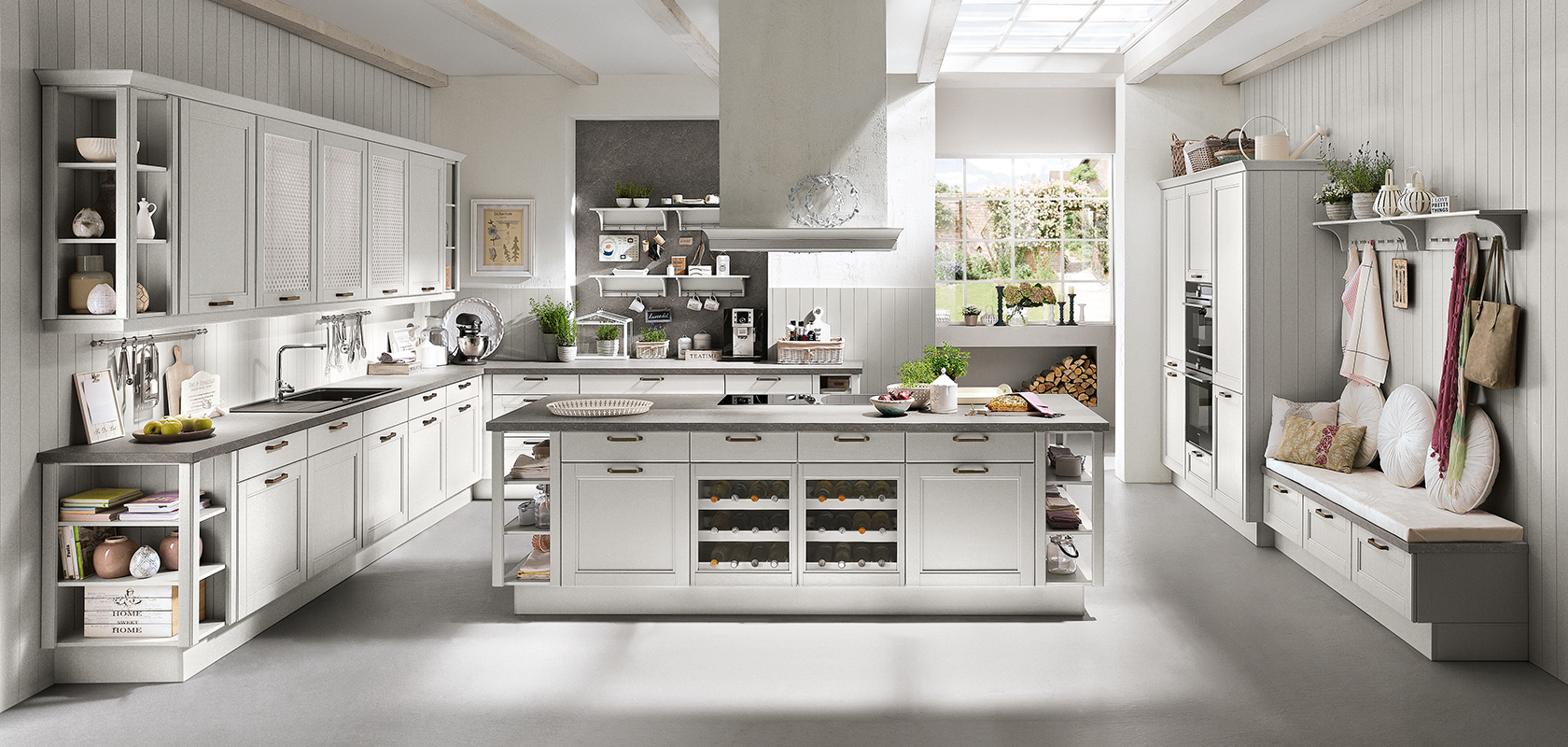Een heldere, moderne keuken met witte kasten, een centraal eiland en roestvrijstalen apparaten, met een elegante en schone uitstraling.