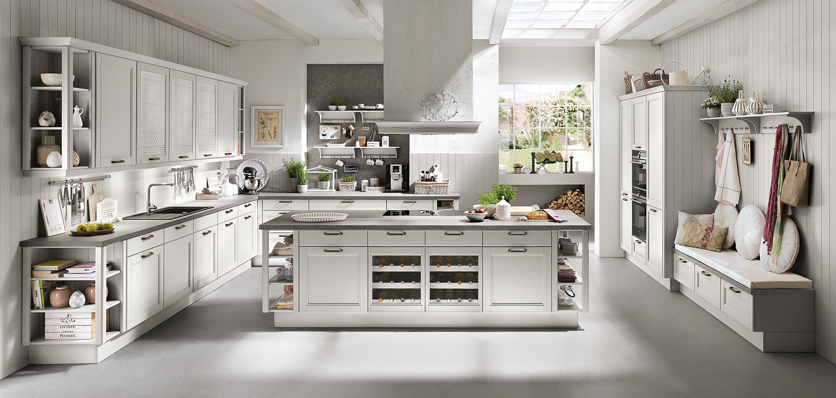 A bright, modern kitchen with white cabinets, central island, and stainless steel appliances, showcasing an elegant and clean design.