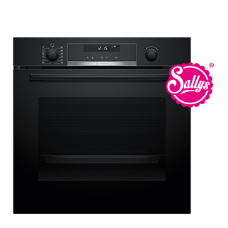 Modern black built-in oven with a sleek design, featuring a digital clock and intuitive control panel, suitable for contemporary kitchen interiors.