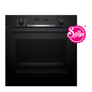 Horno empotrado negro moderno con un diseño elegante, que incluye un reloj digital y un panel de control intuitivo, adecuado para interiores de cocina contemporáneos.